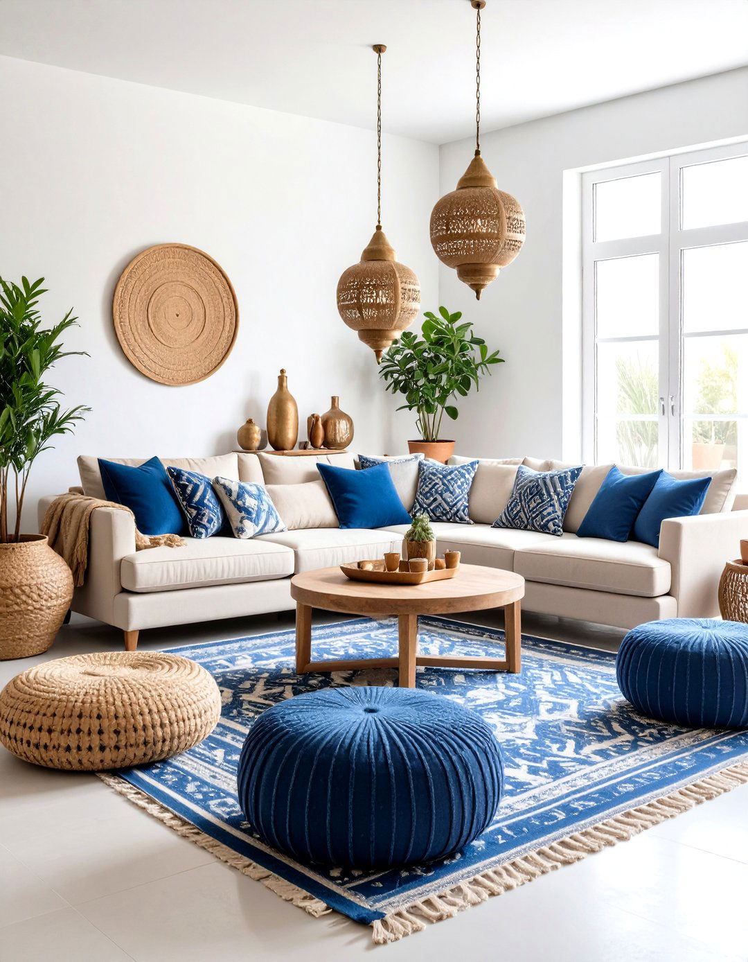 Blue and Beige Living Room with Moroccan Influences - 20 blue and beige living room ideas