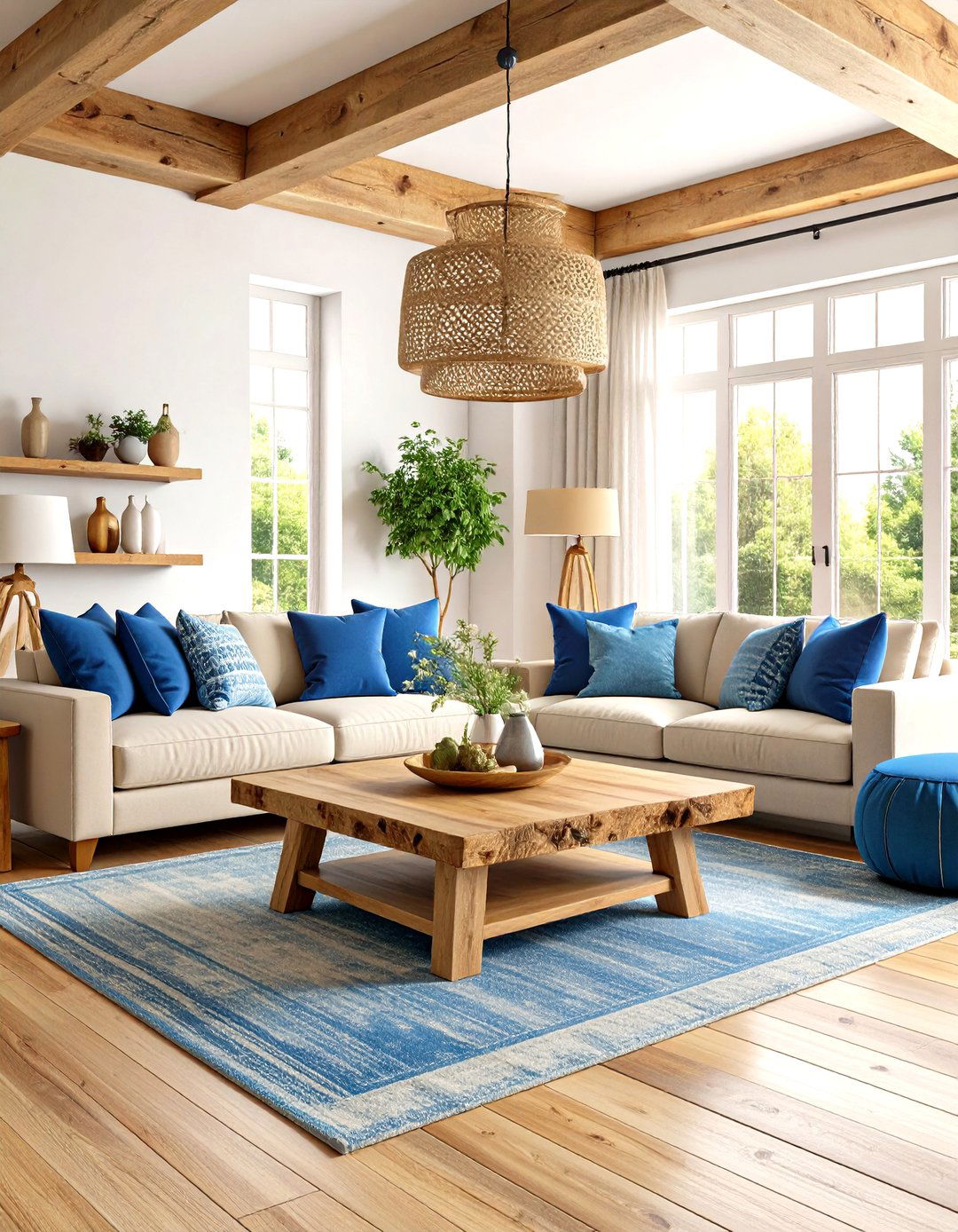 Blue and Beige Living Room with Natural Wood Elements - 20 blue and beige living room ideas