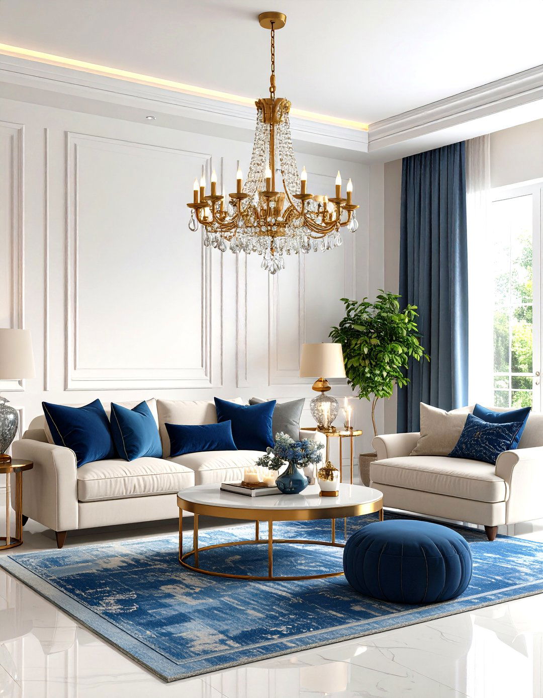 Blue and Beige Living Room with Statement Lighting - 20 blue and beige living room ideas