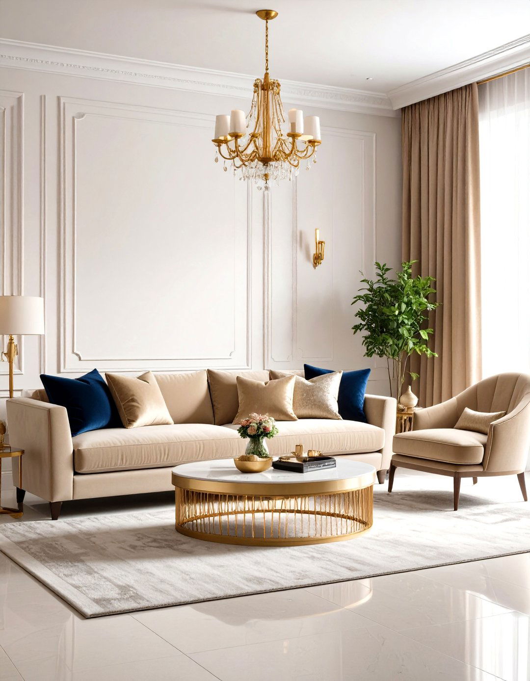 Blue and Beige Living Room with Velvet Textures - 20 blue and beige living room ideas