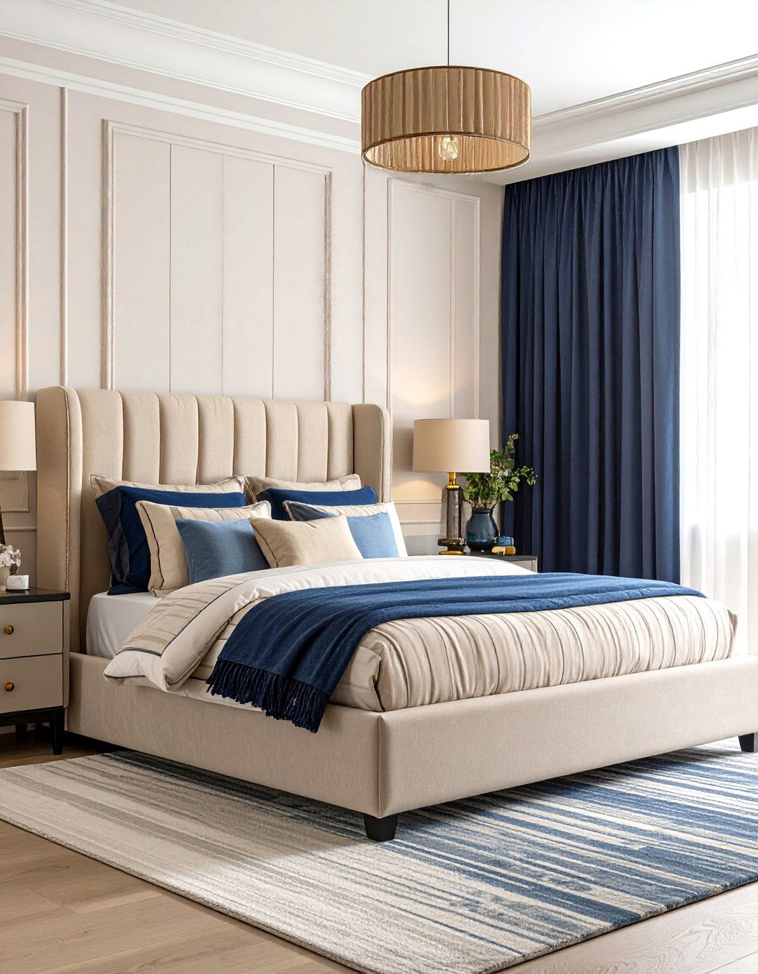 Blue and Beige Striped Pattern Bedroom - 20 blue and beige bedroom ideas