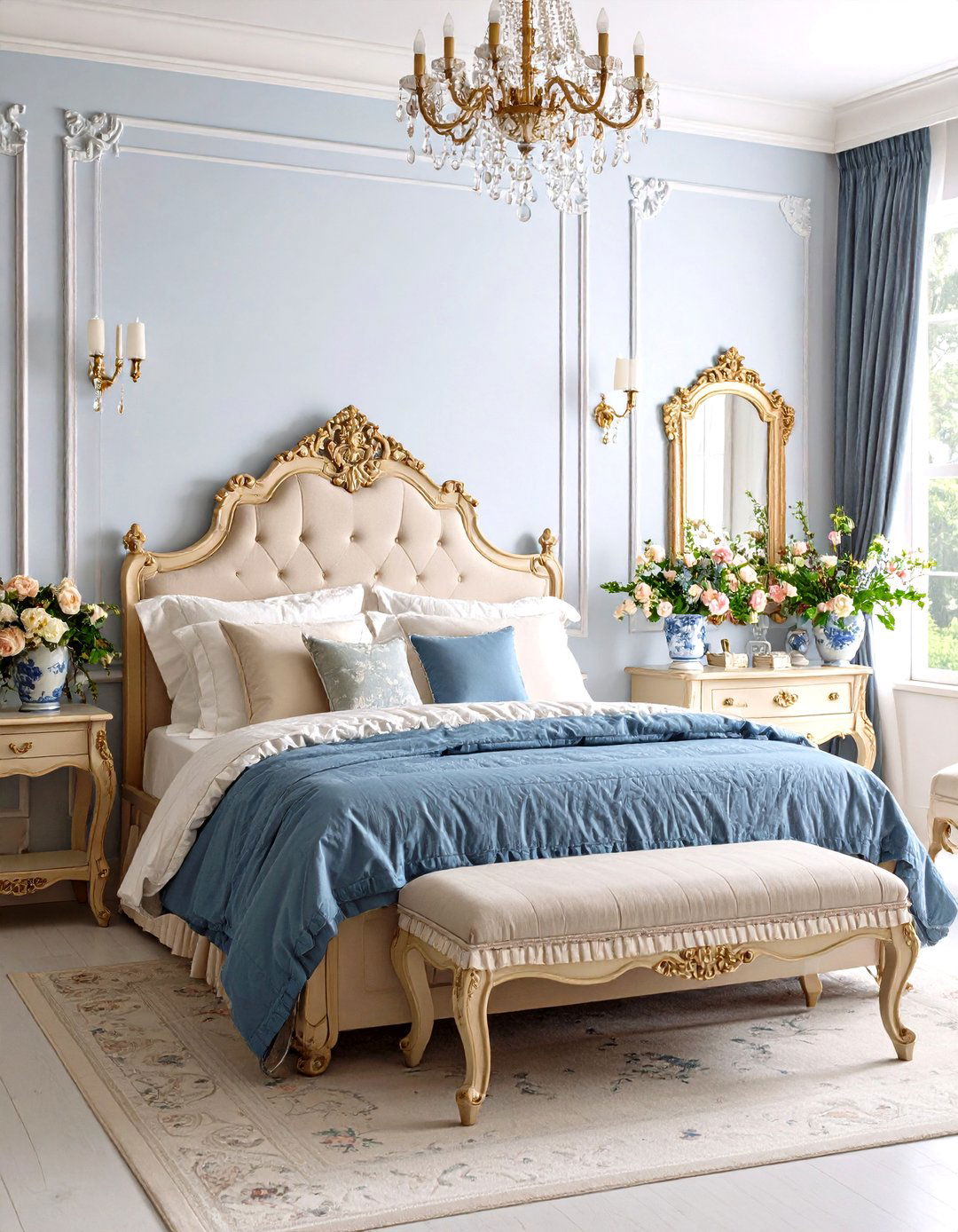 Blue and Beige Vintage Romantic Bedroom - 20 blue and beige bedroom ideas