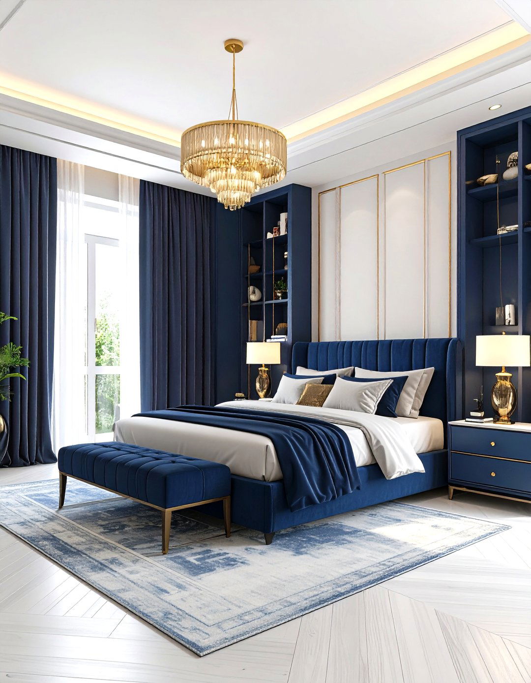 Blue and Gold Bedroom with Floor to Ceiling Drama - 20 Blue and Gold Bedroom Ideas