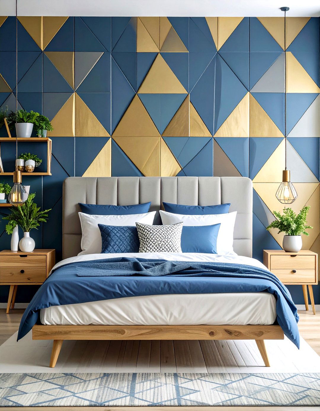 Blue and Gold Bedroom with Geometric Patterns - 20 Blue and Gold Bedroom Ideas