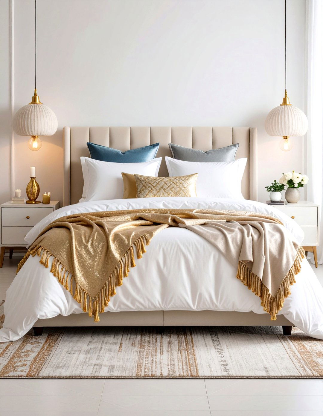 Blue and Gold Bedroom with Layered Textiles - 20 Blue and Gold Bedroom Ideas