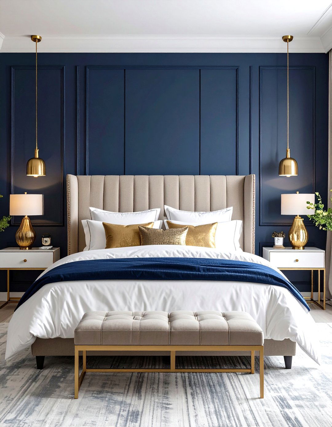 Blue and Gold Bedroom with Navy Accent Wall - 20 Blue and Gold Bedroom Ideas