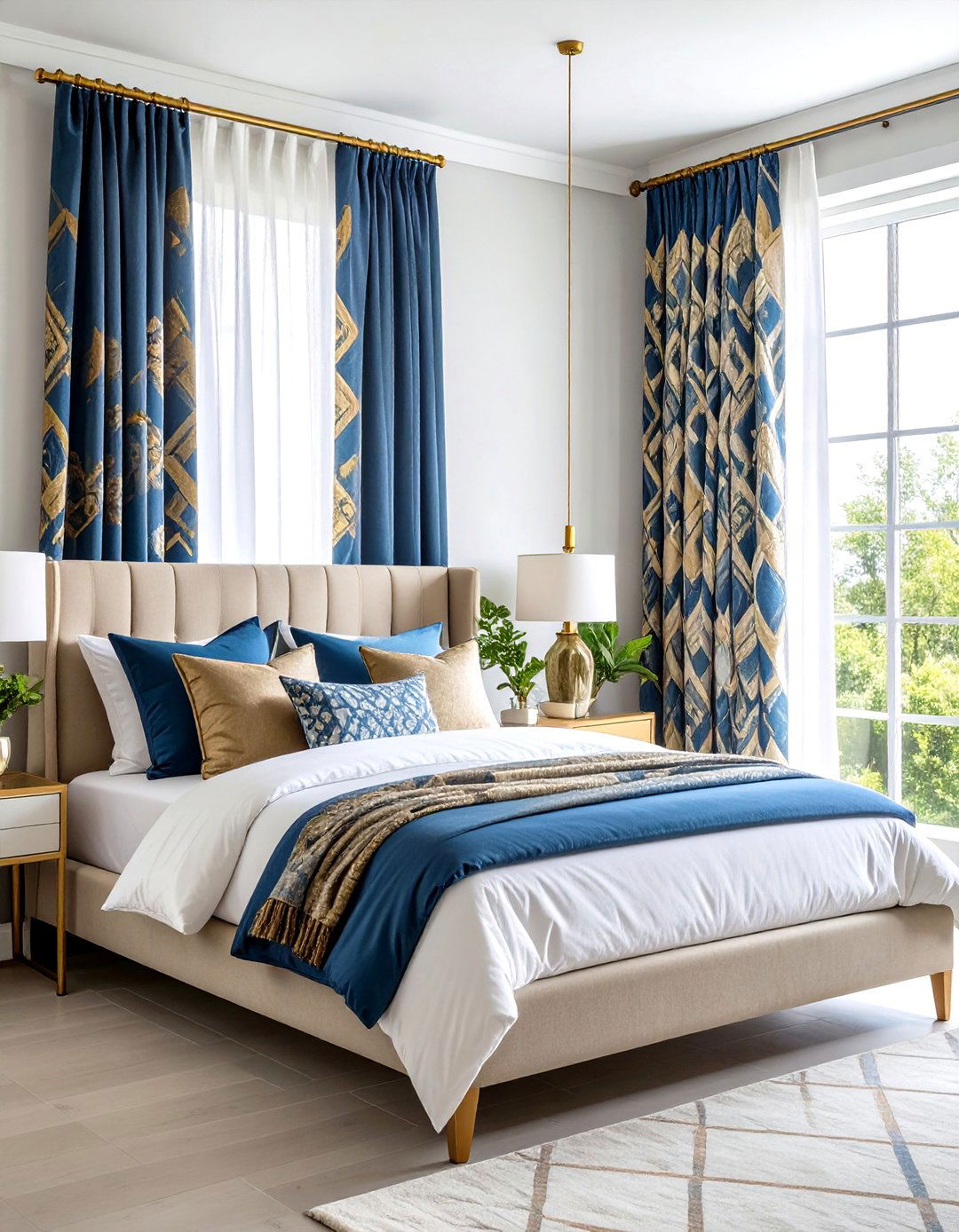 Blue and Gold Bedroom with Patterned Curtains - 20 Blue and Gold Bedroom Ideas