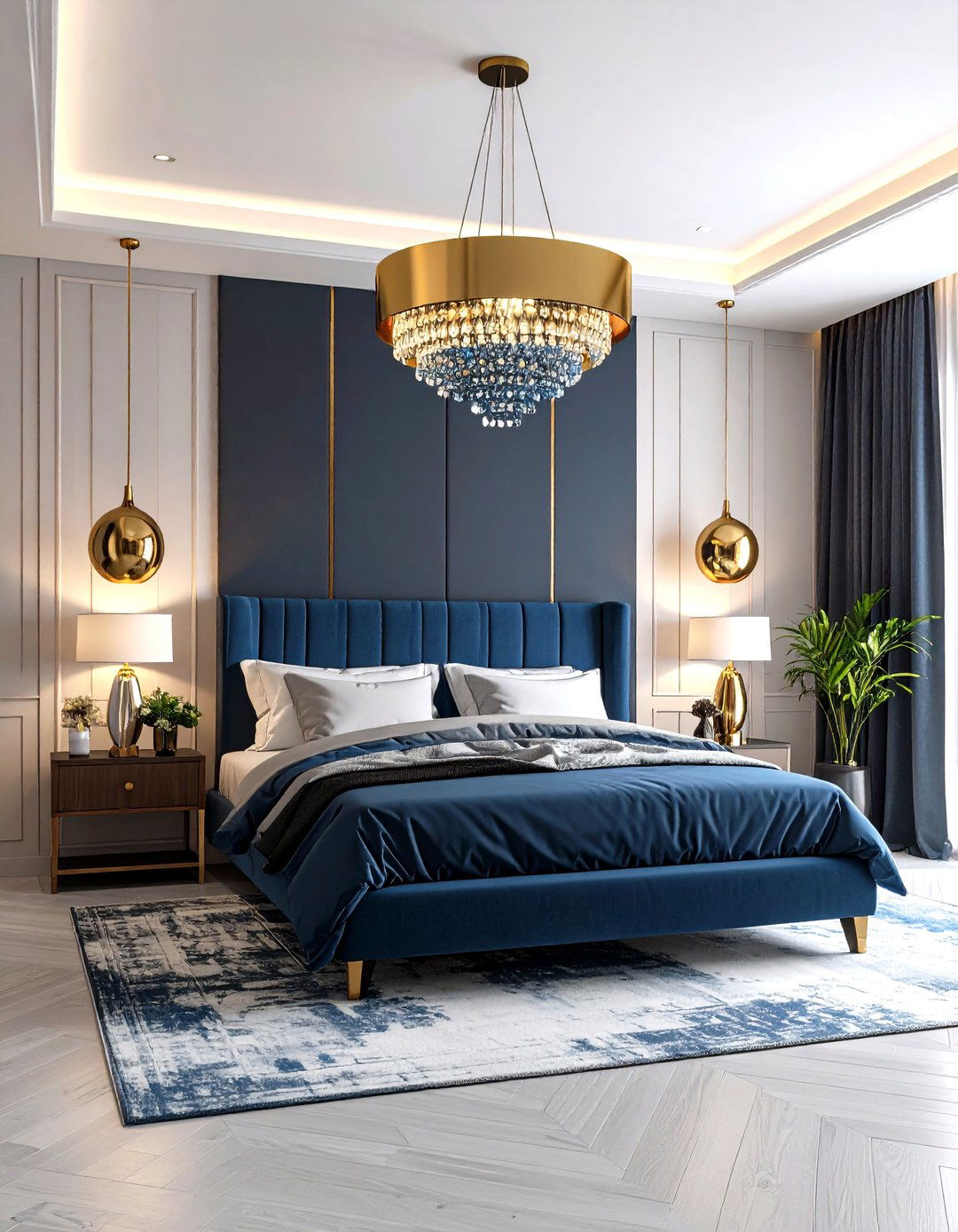 Blue and Gold Bedroom with Statement Lighting - 20 Blue and Gold Bedroom Ideas