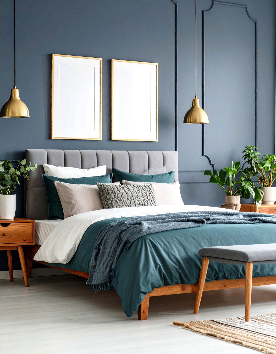 Blue and Gold Bedroom with Textured Wall Treatments - 20 Blue and Gold Bedroom Ideas