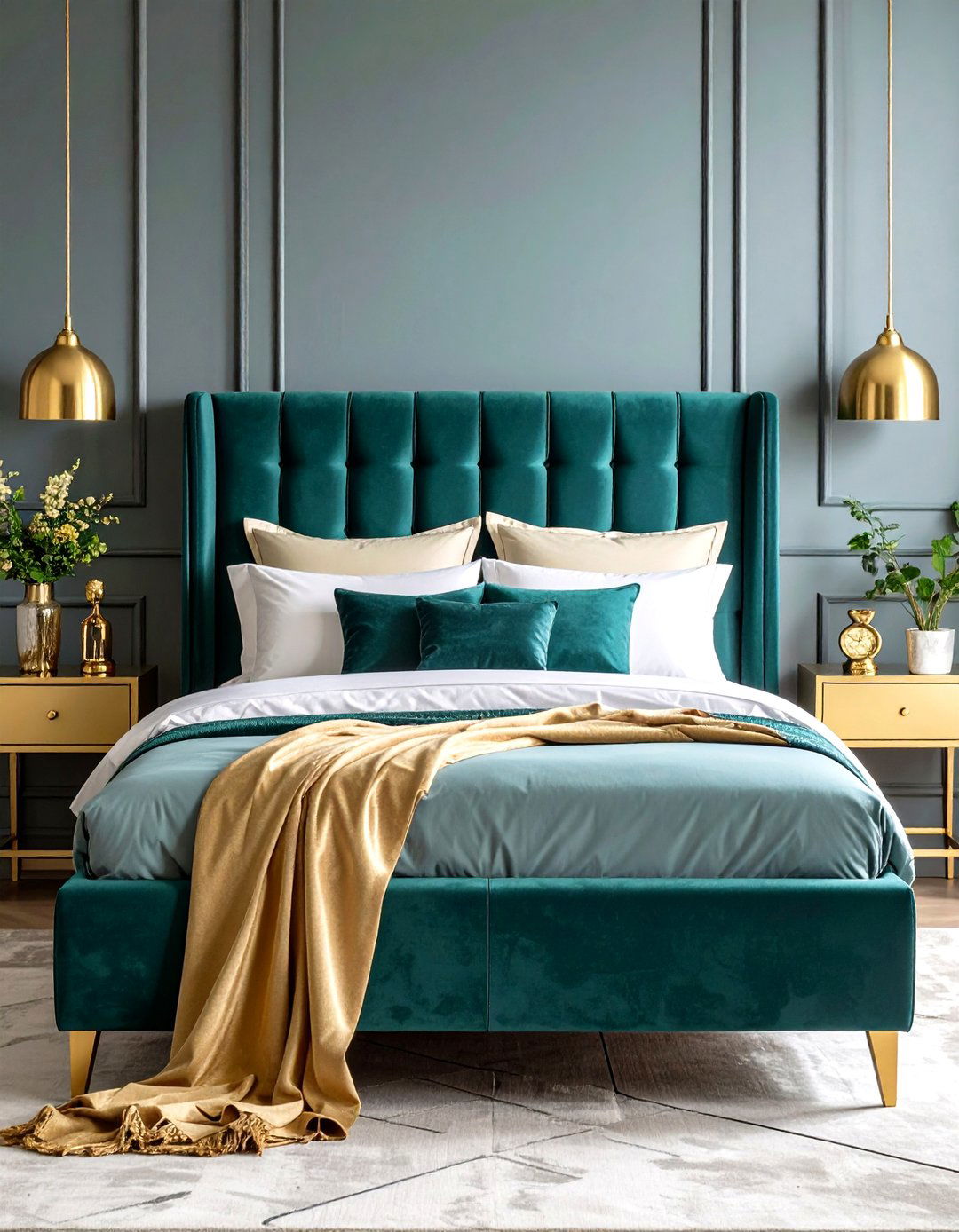Blue and Gold Bedroom with Velvet Headboard - 20 Blue and Gold Bedroom Ideas