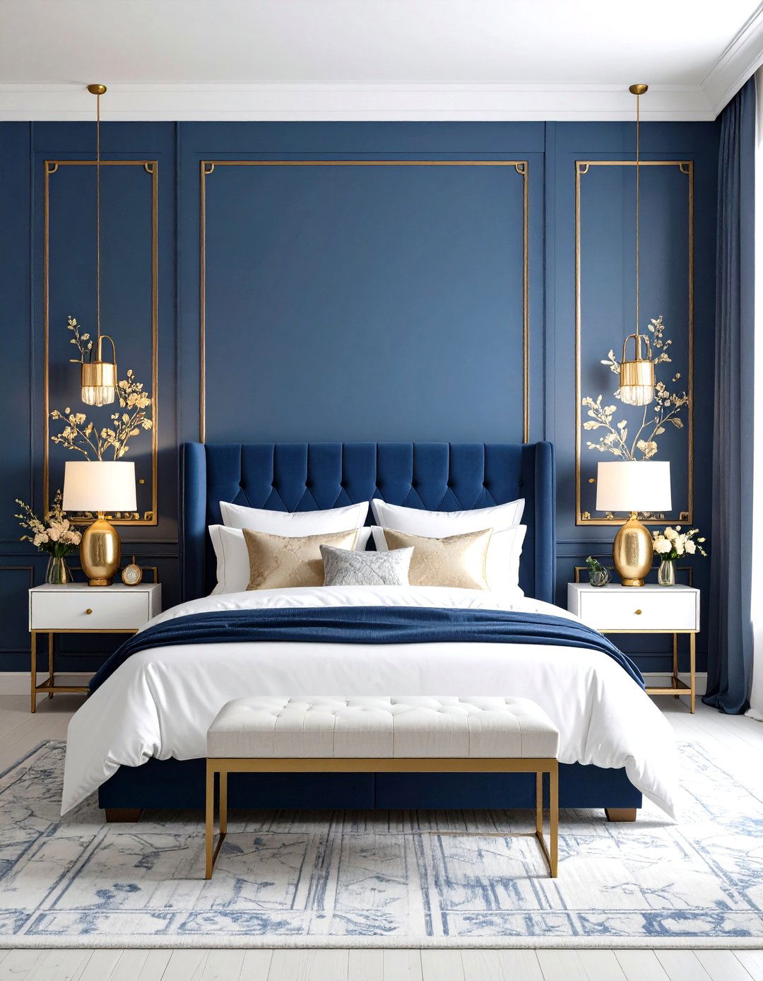 Blue and Gold Bedroom with Wallpaper Feature - 20 Blue and Gold Bedroom Ideas