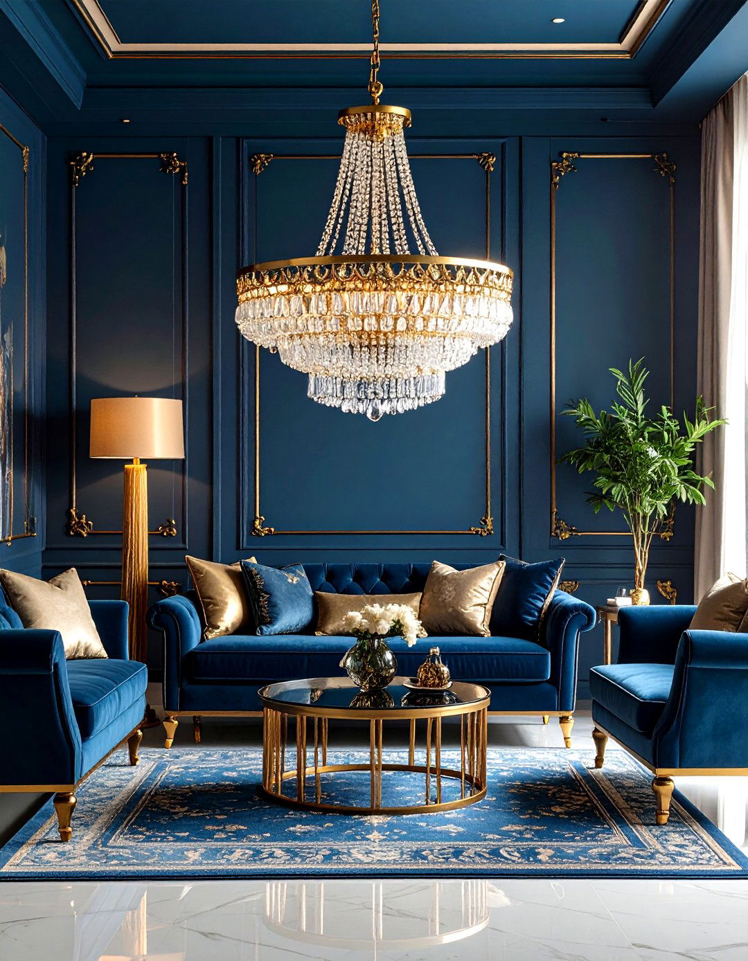 Blue and Gold Statement Lighting Living Room Ideas - 20 Blue and Gold Living Room Ideas