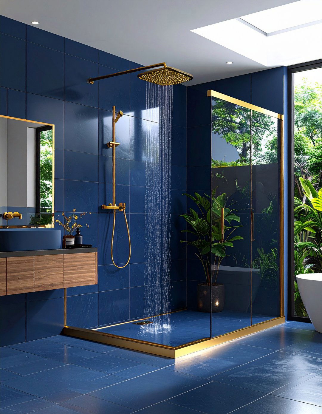Blue and Gold Wet Room with Seamless Drainage - 20 Blue and Gold Bathroom Ideas