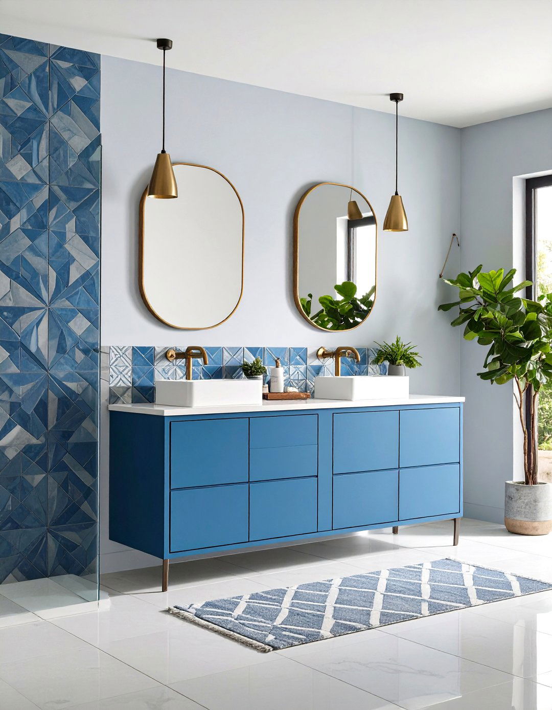 Blue and Gray Geometric Accent Tile - 20 Blue and Gray Bathroom Ideas