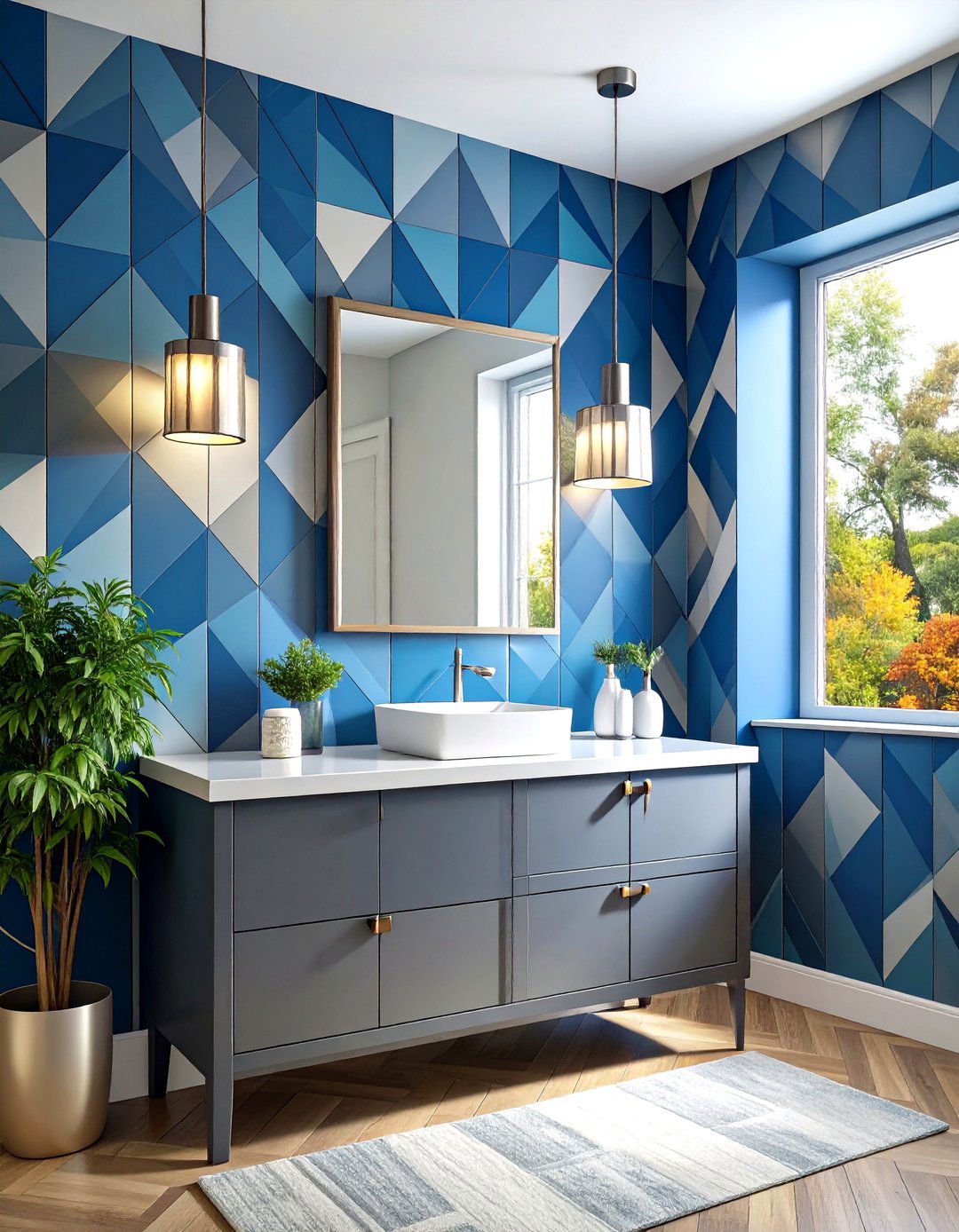 Blue and Gray Geometric Pattern Wallpaper - 20 Blue and Gray Bathroom Ideas