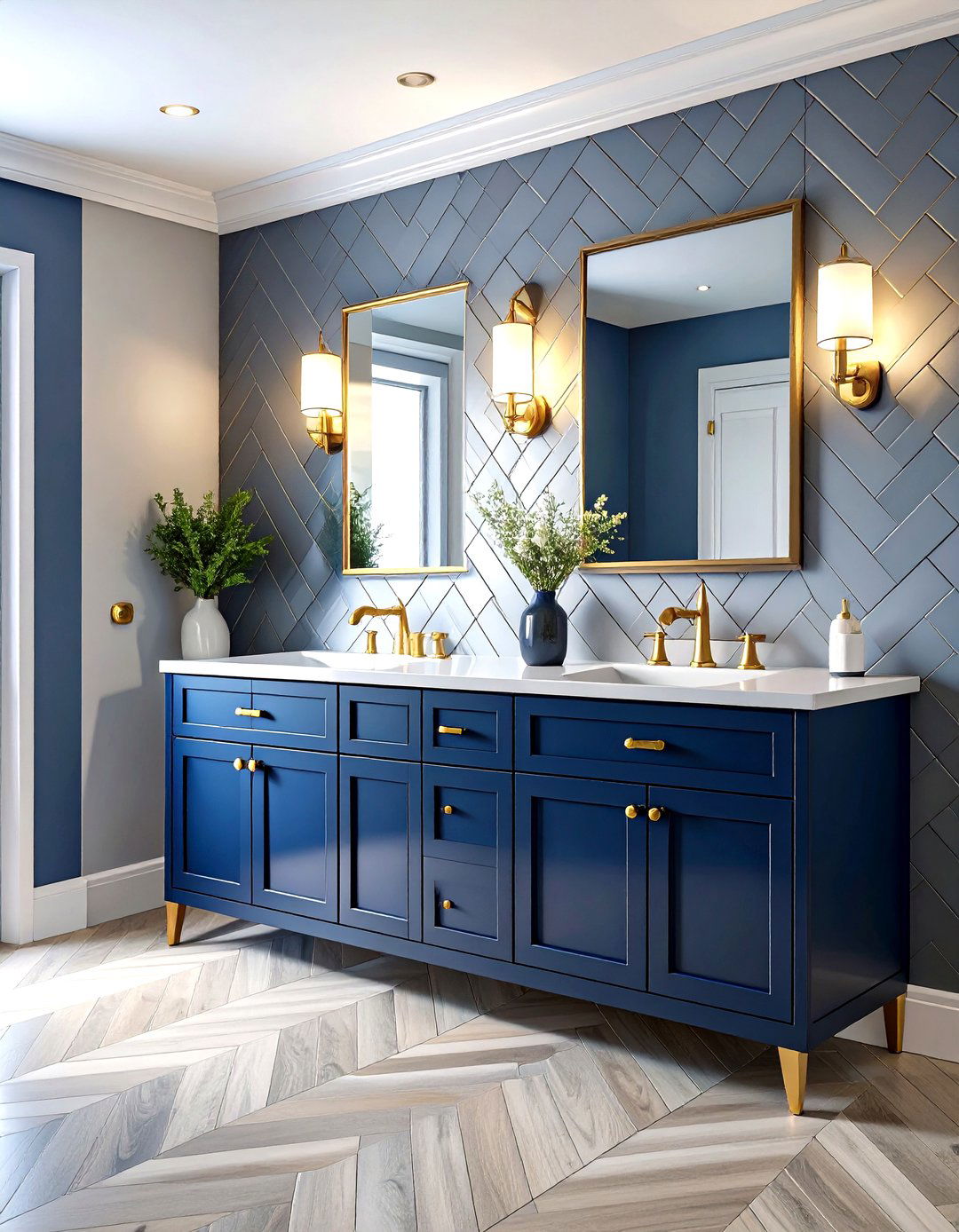 Blue and Gray Herringbone Pattern - 20 Blue and Gray Bathroom Ideas