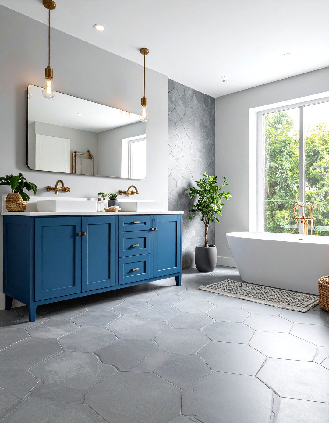 Blue and Gray Hexagonal Floor Pattern - 20 Blue and Gray Bathroom Ideas