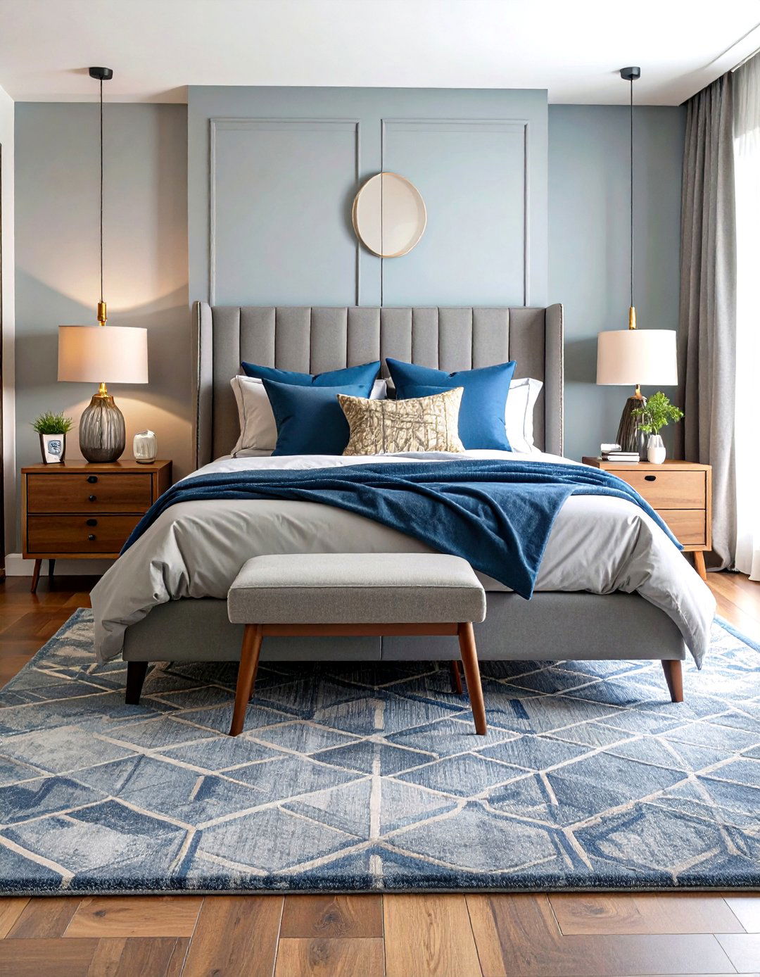 Blue and Grey Bedroom with Geometric Patterns - 20 Blue and Grey Bedroom Ideas