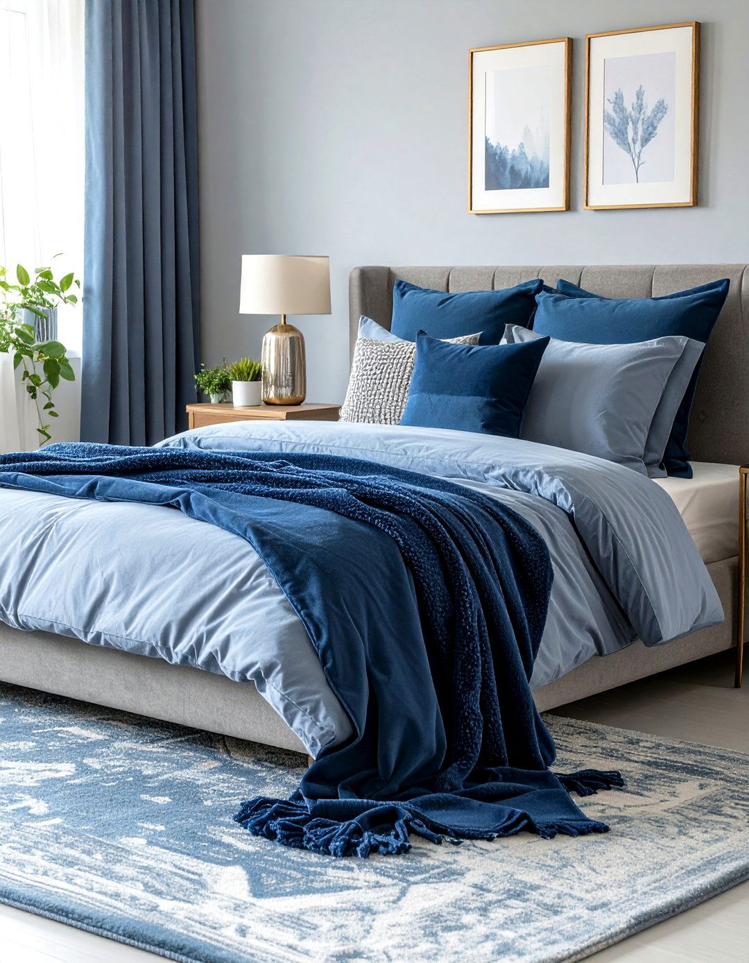 Blue and Grey Bedroom with Layered Textiles - 20 Blue and Grey Bedroom Ideas