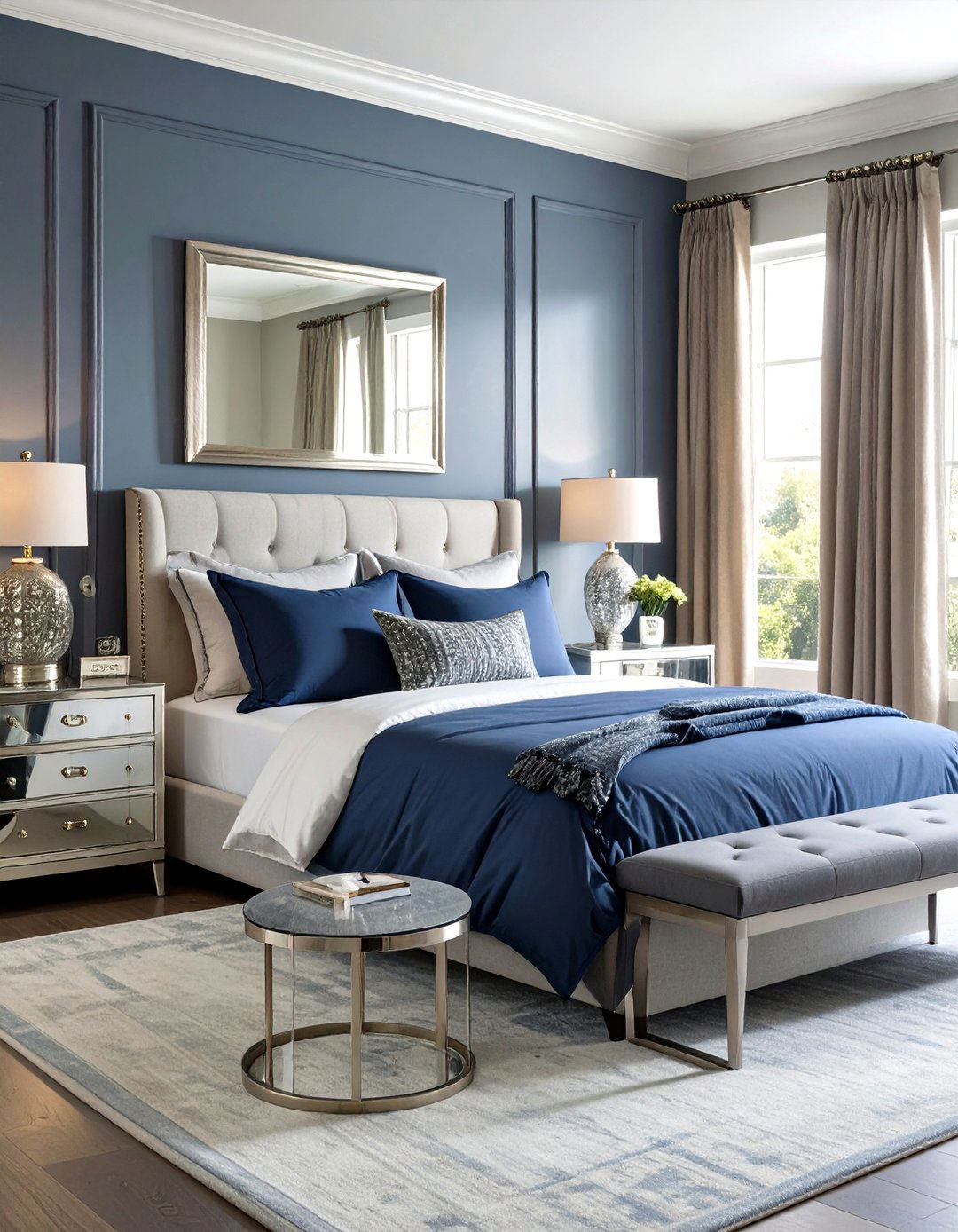 Blue and Grey Bedroom with Metallic Accents - 20 Blue and Grey Bedroom Ideas