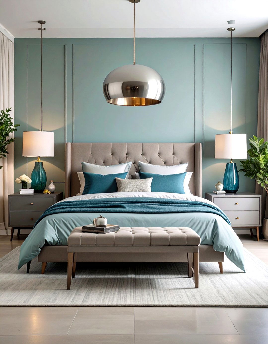 Blue and Grey Bedroom with Statement Lighting - 20 Blue and Grey Bedroom Ideas