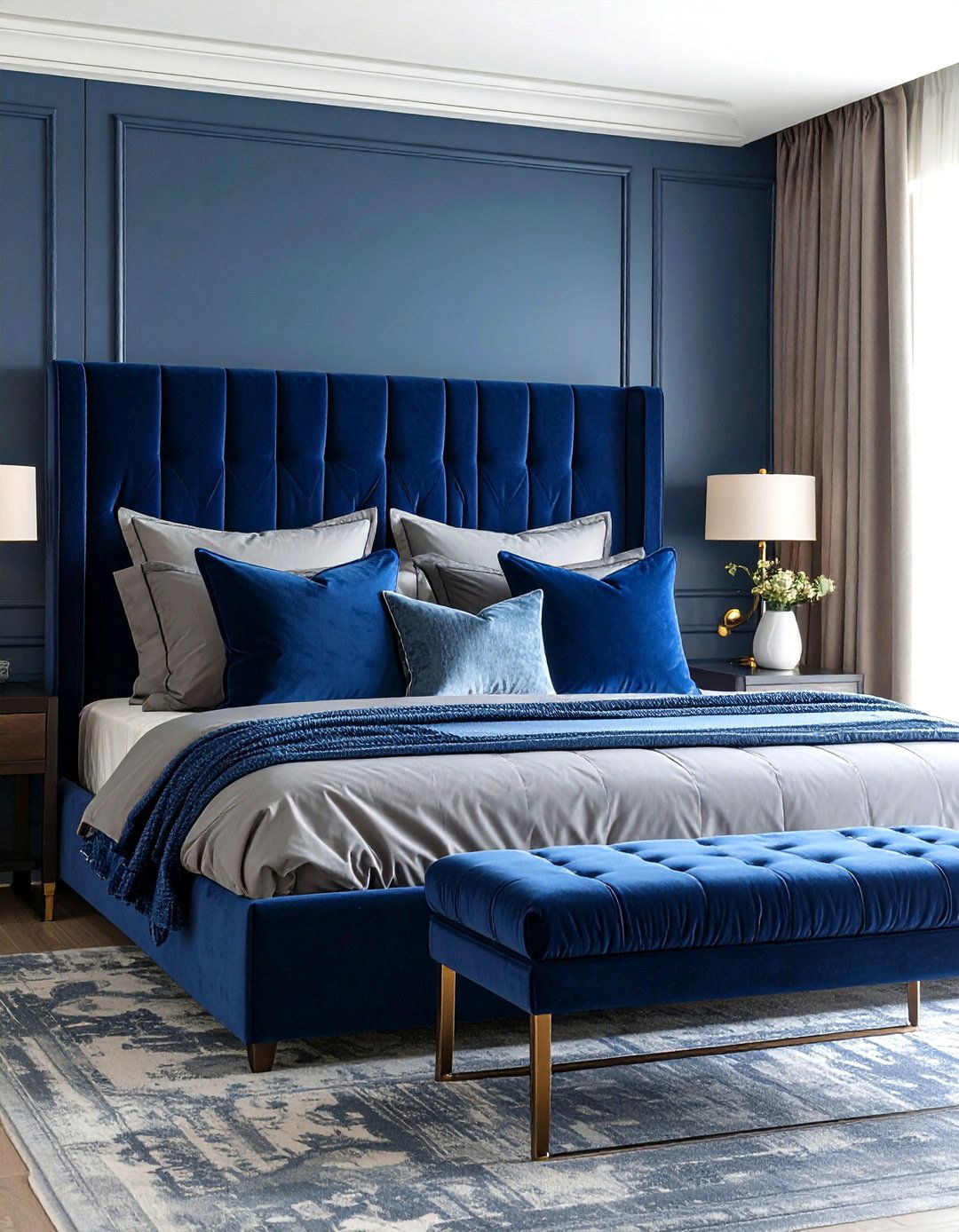 Blue and Grey Bedroom with Velvet Textures - 20 Blue and Grey Bedroom Ideas