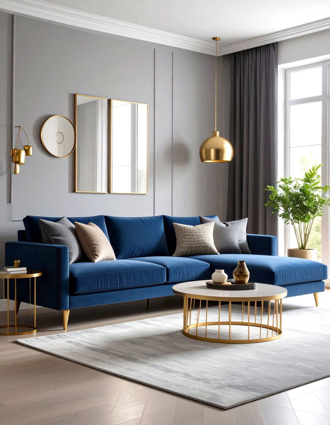 Blue and Grey Living Room Featuring Navy Velvet Sofas - 20 Blue and Grey Living Room Ideas