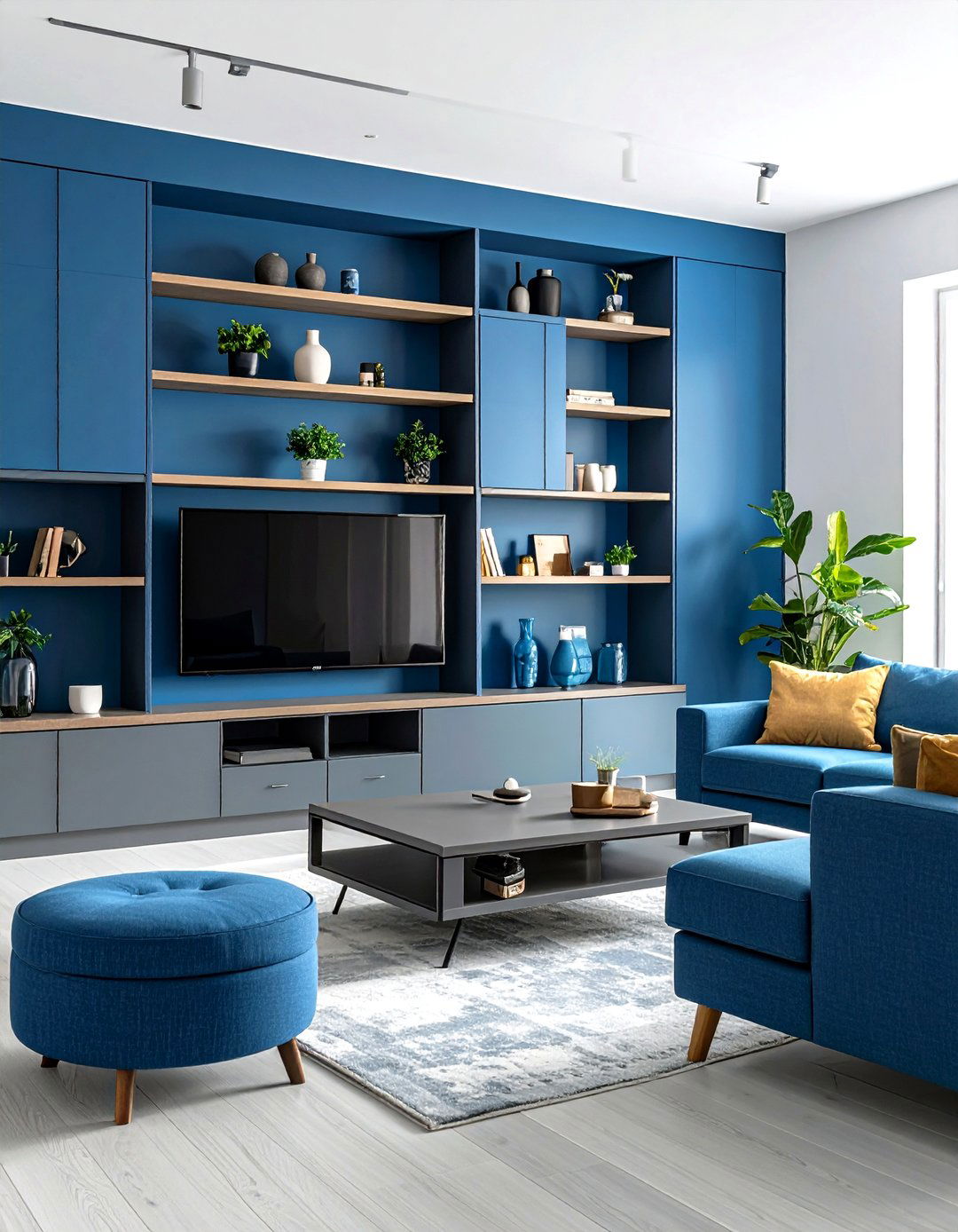 Blue and Grey Living Room Storage Integration - 20 Blue and Grey Living Room Ideas