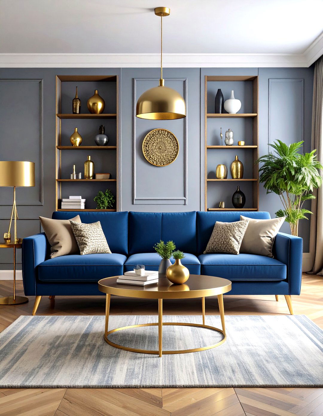 Blue and Grey Living Room with Metallic Accents - 20 Blue and Grey Living Room Ideas