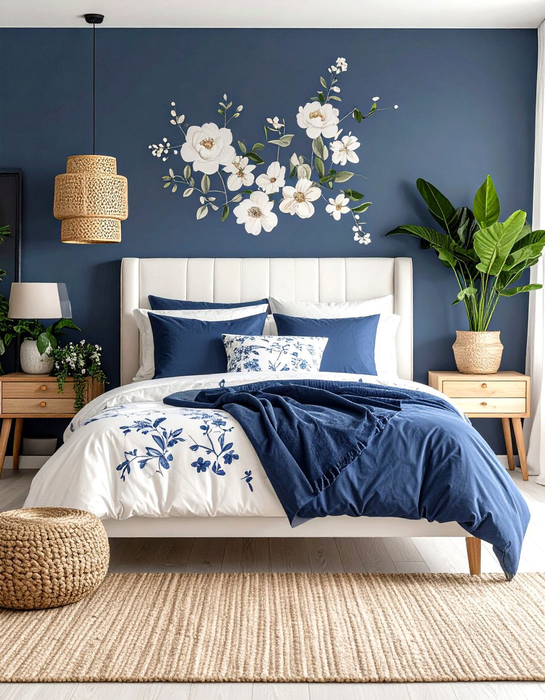 Blue and White Bedroom with Floral Accents - 20 Blue and White Bedroom Ideas