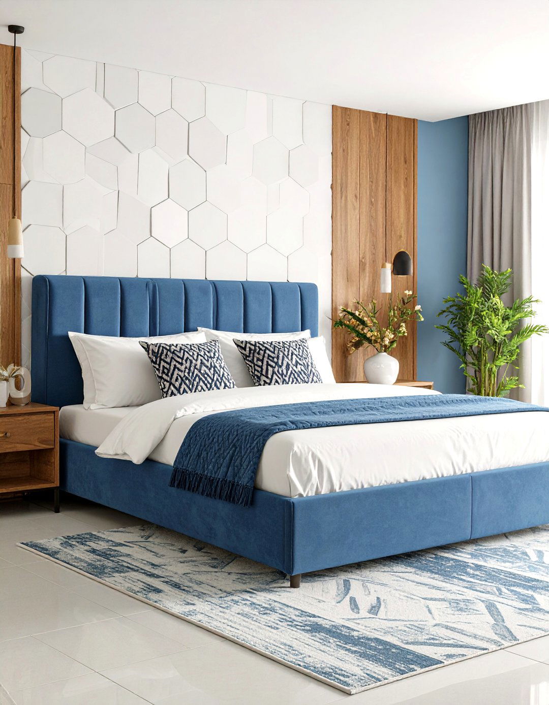 Blue and White Bedroom with Geometric Patterns - 20 Blue and White Bedroom Ideas