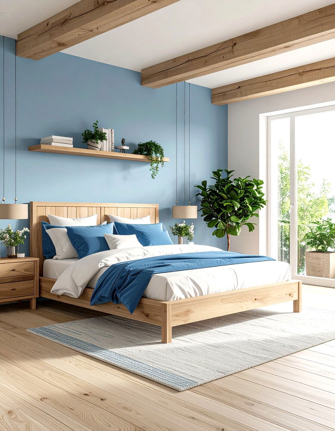 Blue and White Bedroom with Natural Wood - 20 Blue and White Bedroom Ideas