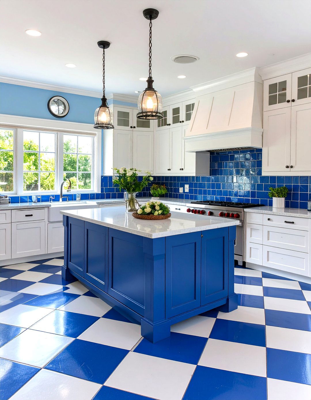 Blue and White Coastal Checkered Floors Kitchen - 20 Kitchens With Checkered Floors