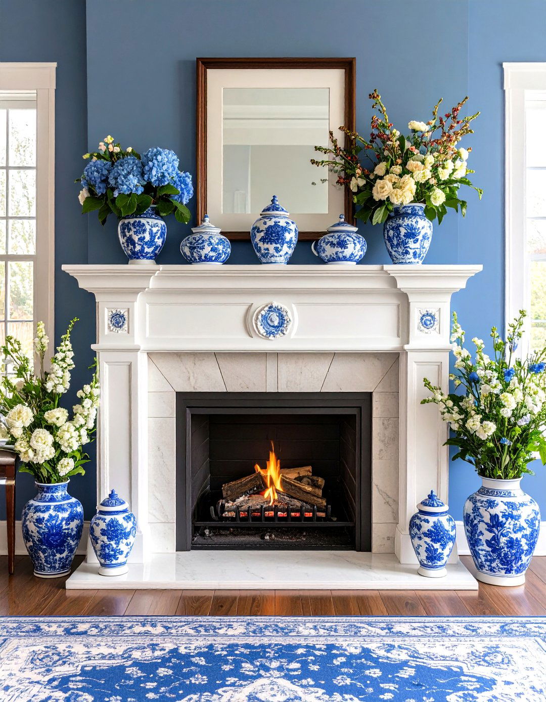Blue and White Porcelain Mantel Display - 20 French Country Fireplace Ideas