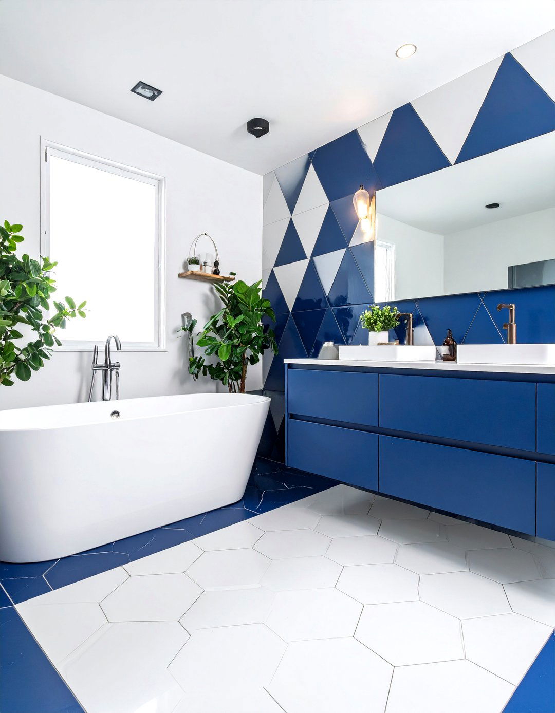 Blue and White Powder Room with Geometric Patterns - 20 blue powder room ideas