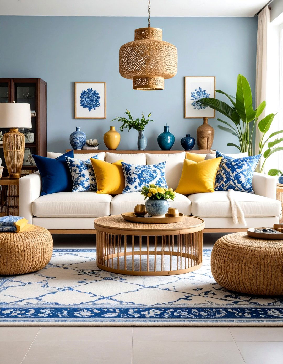 Blue and Yellow Chinoiserie Pattern Living Room Design - 20 Yellow and Blue Living Room Ideas