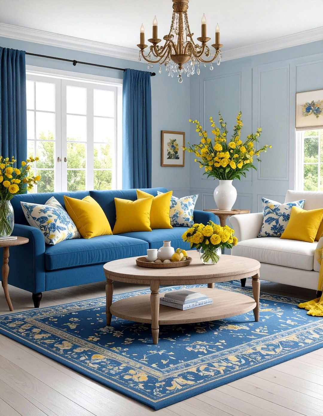 Blue and Yellow Floral Pattern Living Room Design - 20 Yellow and Blue Living Room Ideas