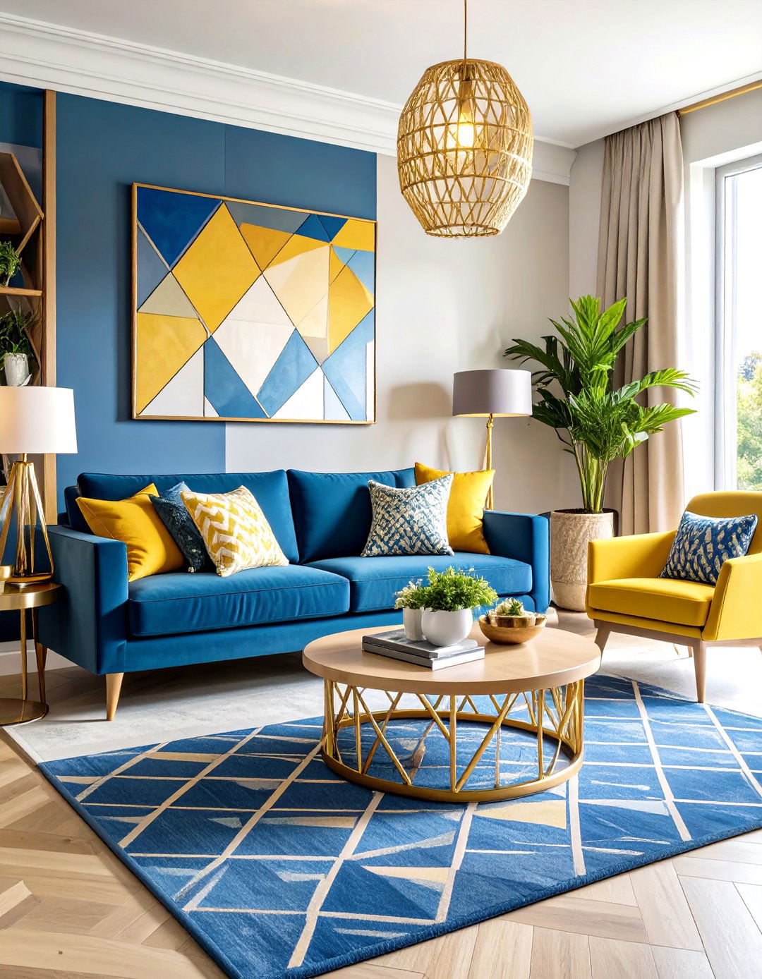 Blue and Yellow Geometric Pattern Living Room - 20 Yellow and Blue Living Room Ideas