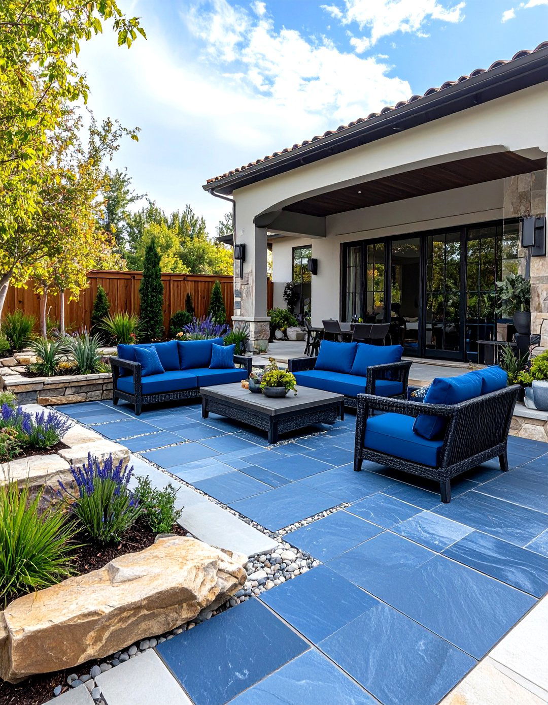 Bluestone Mid Century Modern Patio with Natural Stone Accents - 20 Mid-century Modern Patio Ideas