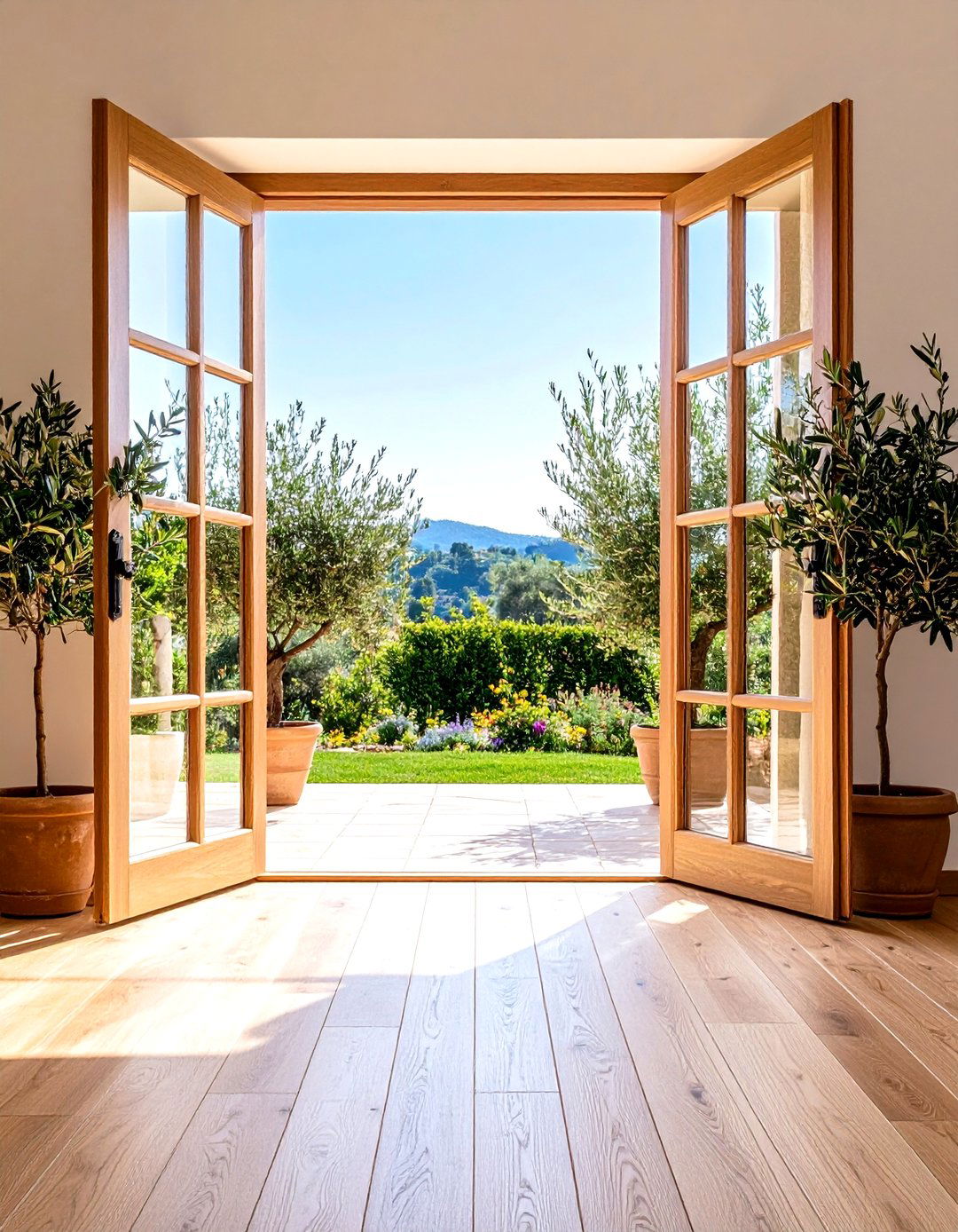 Blur Boundaries with French Doors and Potted Olive Trees - 20 French Country Living Room Ideas
