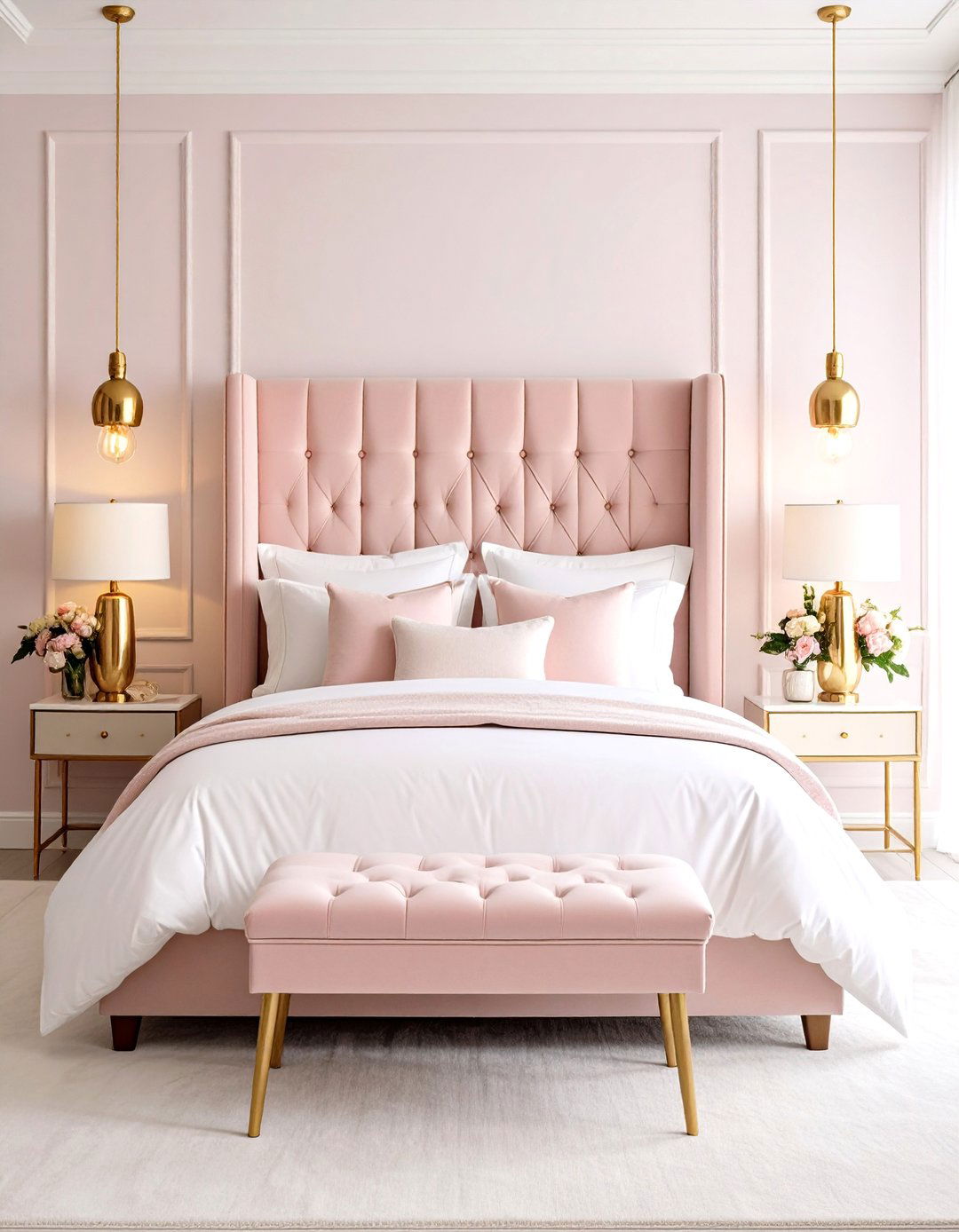 Blush Pink Bedroom Velvet Headboard Feature - 20 Blush Pink Bedroom Ideas