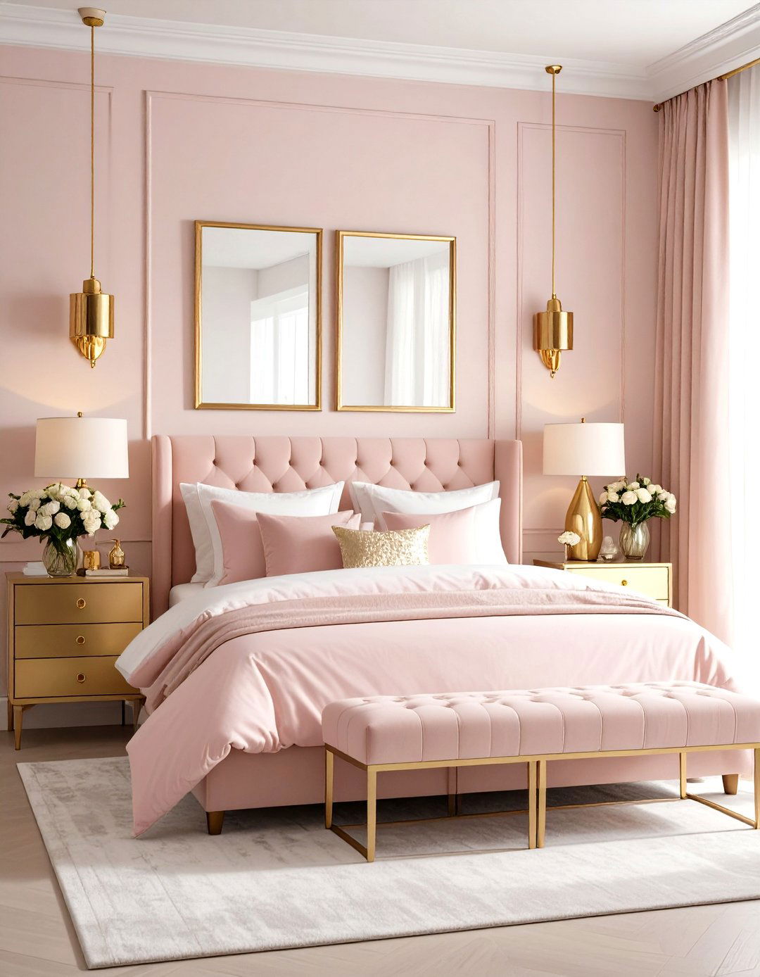 Blush Pink Bedroom with Metallic Gold Accents - 20 Blush Pink Bedroom Ideas