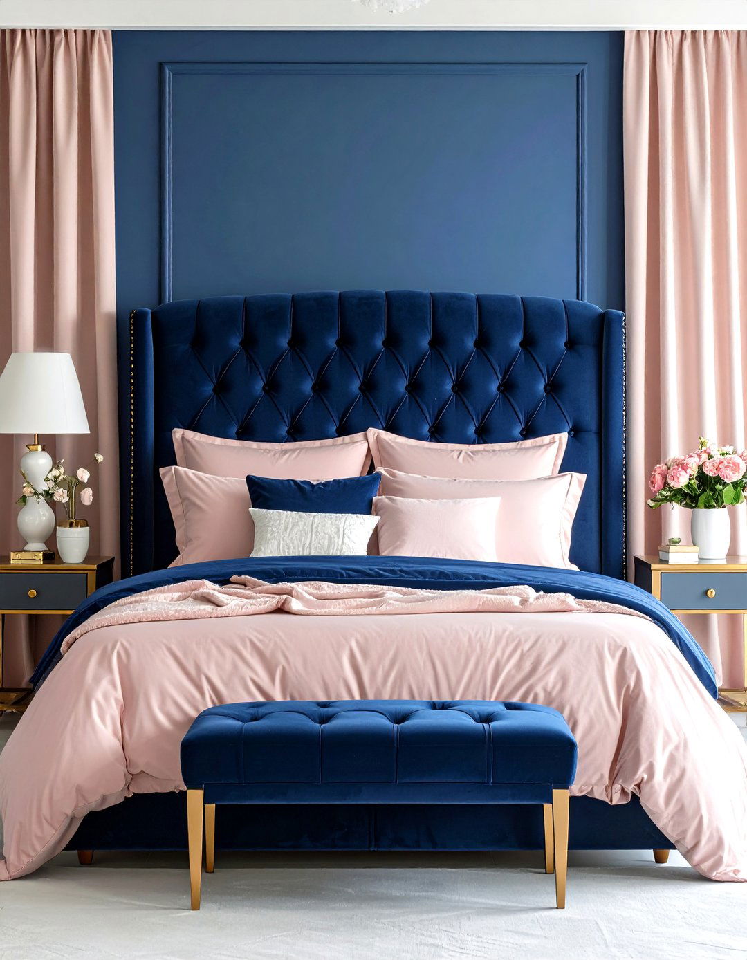 Blush Pink Bedroom with Navy Blue Contrast - 20 Blush Pink Bedroom Ideas