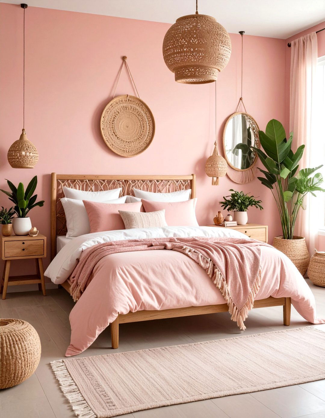 Blush Pink Boho Bedroom with Global Artifact Display - 20 Pink Boho Bedroom Ideas