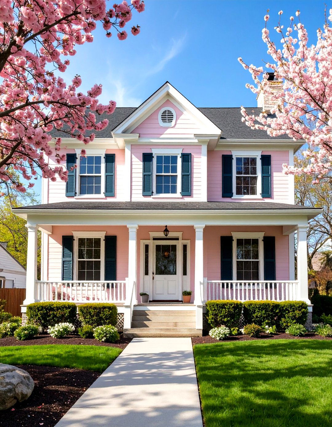 Blush Pink House Exterior with Crisp White Trim - 20 Pink House Exterior Ideas