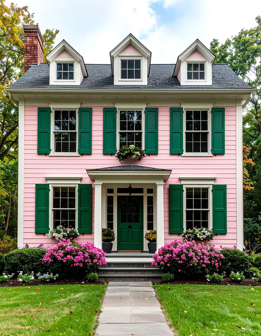 Blush Pink House Exterior with Forest Green Details - 20 Pink House Exterior Ideas