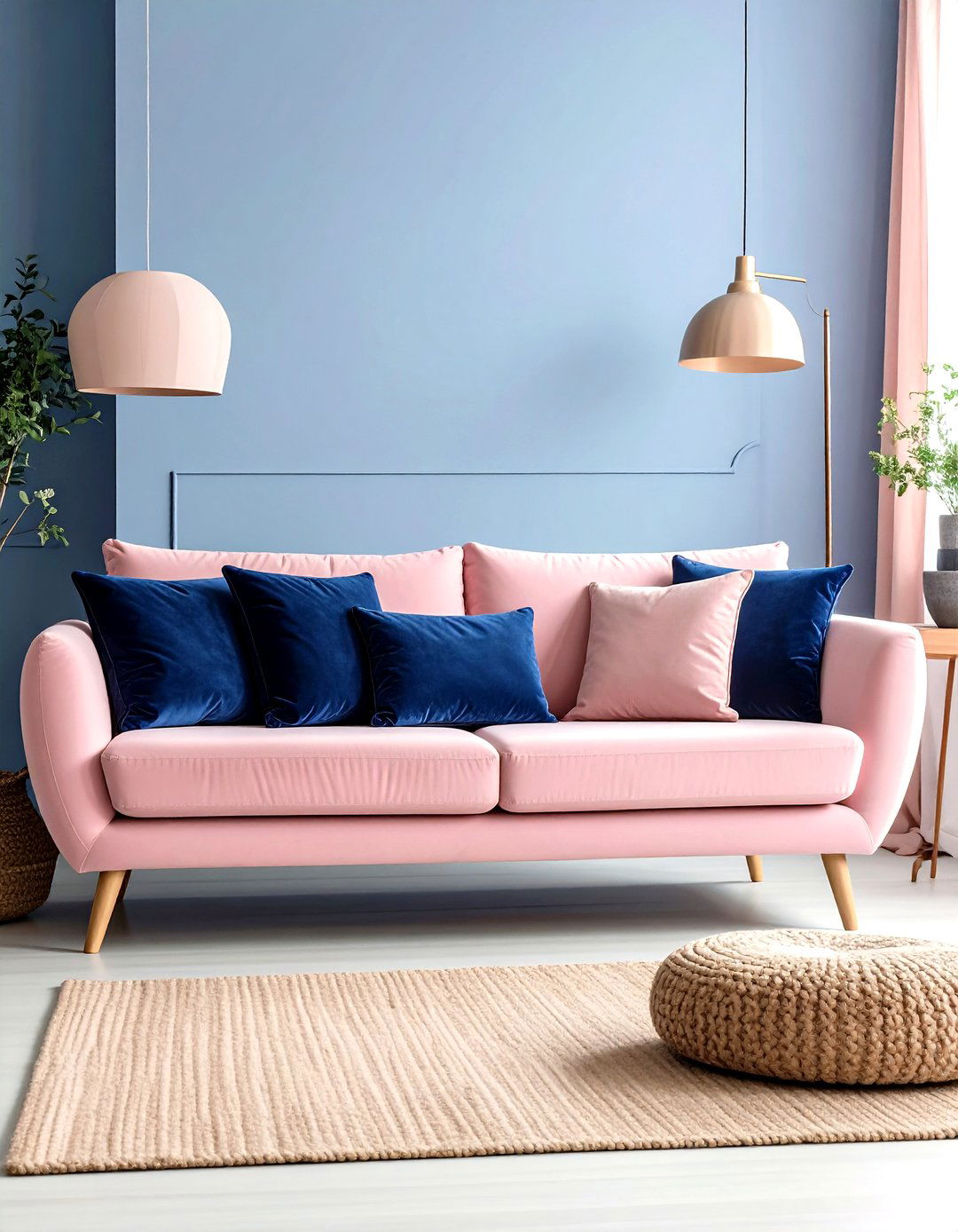 Blush Pink Sofa with Navy Blue Pillows - 20 Pink and Blue Living Room Ideas
