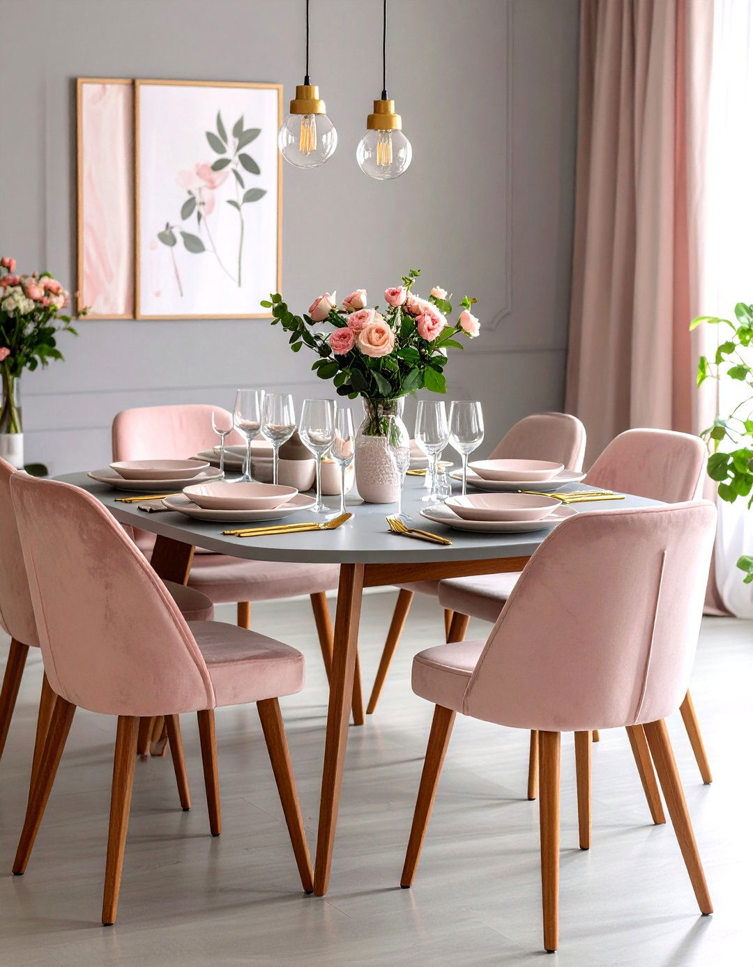 Blush Pink Softens a Gray Dining Room - 20 Gray Dining Room Ideas