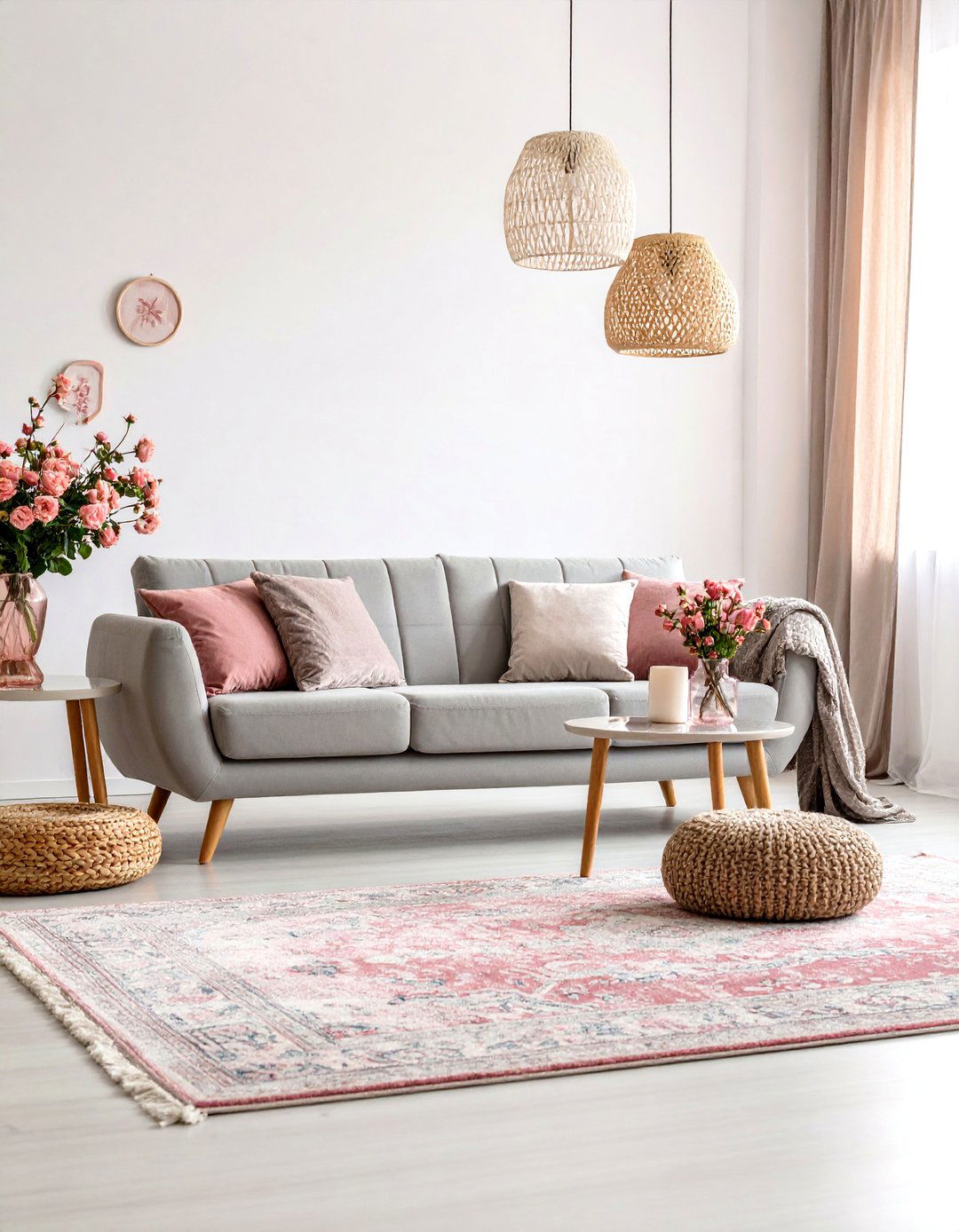 Blush Pink Vintage Rug with a Grey Couch - 20 what color rug goes with a grey couch