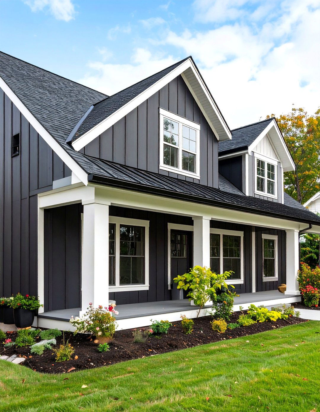 Board and Batten Drama for the Black Farmhouse - 20 Black Modern Farmhouse Exterior Design Ideas